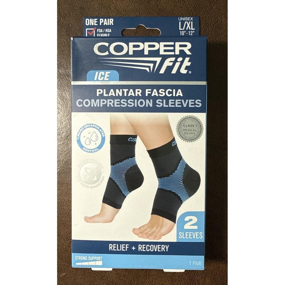 Pair Copper Fit ICE Plantar Fascia Compression Foot Ankle Sleeve Sz L / XL